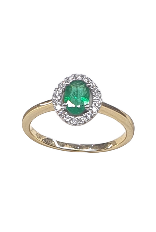 18ct yellow gold oval cut emerald engagement ring with diamond halo 