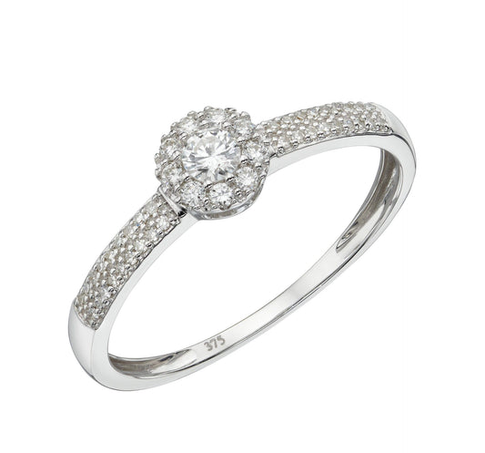 9ct white gold pave cluster diamond ring with shoulder stones