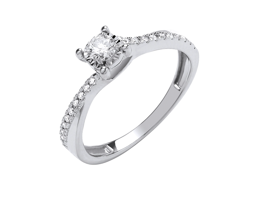 9ct white gold diamond engagement ring with diamonds crossover on the shoulders
