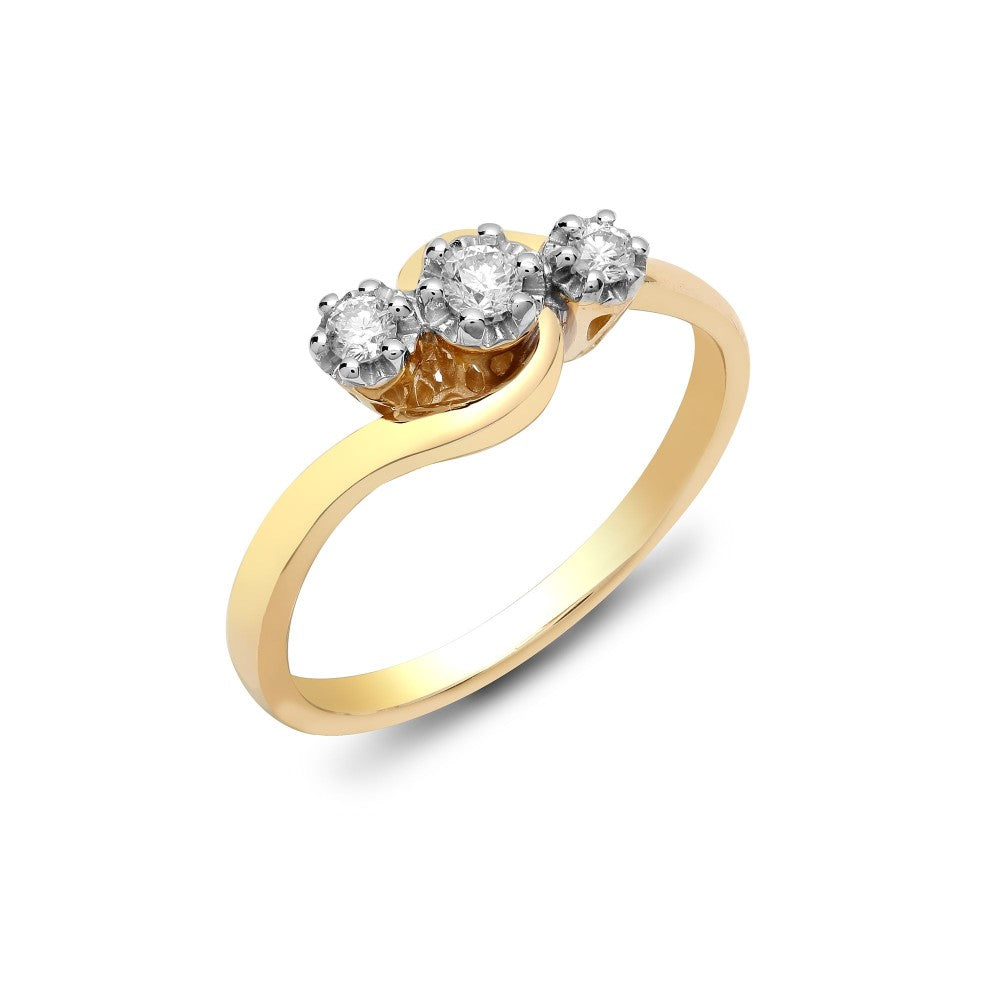 9ct yellow gold trilogy three stone diamond twist engagement ring
