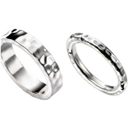 His & Hers Silver Hammered Wedding Rings Set